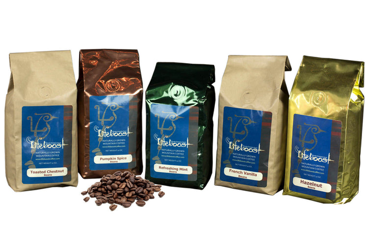 Organic Single Origin Toasted Chestnut Coffee 12 oz Bag with other coffee varieties displayed in colorful packaging.